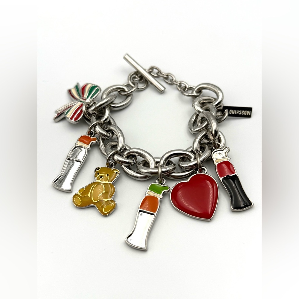Moschino Vintage 1990s Charm Teddy Bear Italy Flag Heart Bow Bracelet